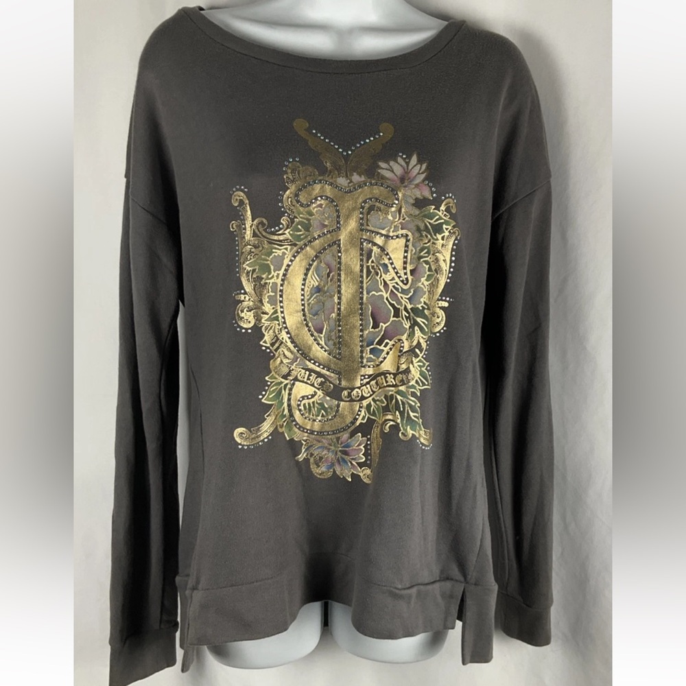 Juicy Couture‎ Women’s Size L Gray  Gold Logo Rhinestone Sweatshirt Uneven Hem